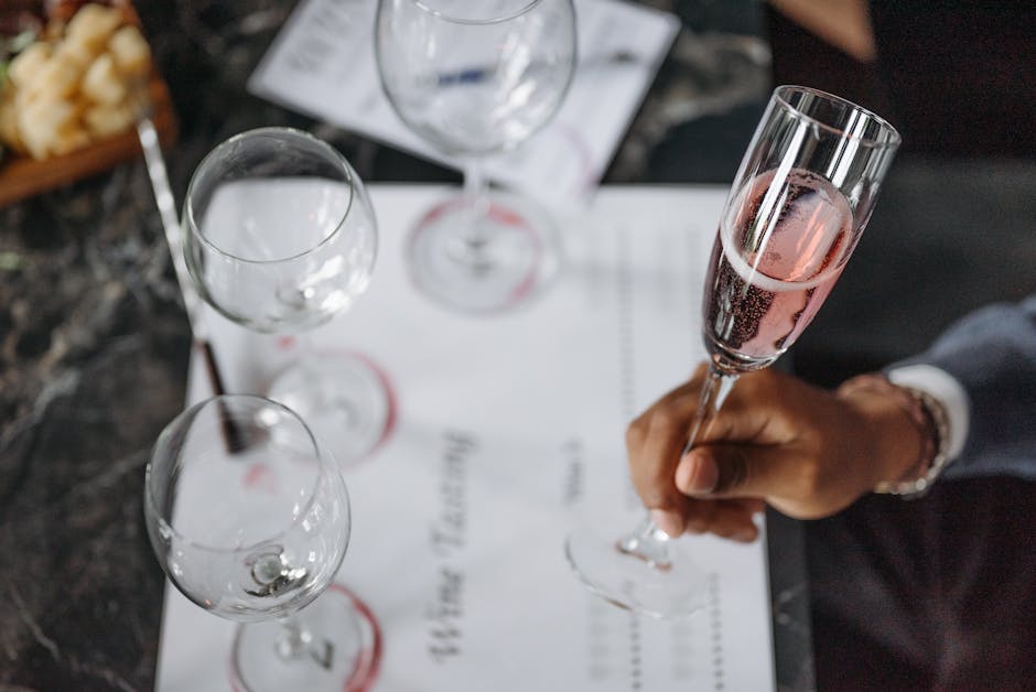 A close-up of a wine tasting setup with glasses and a hand holding champagne.