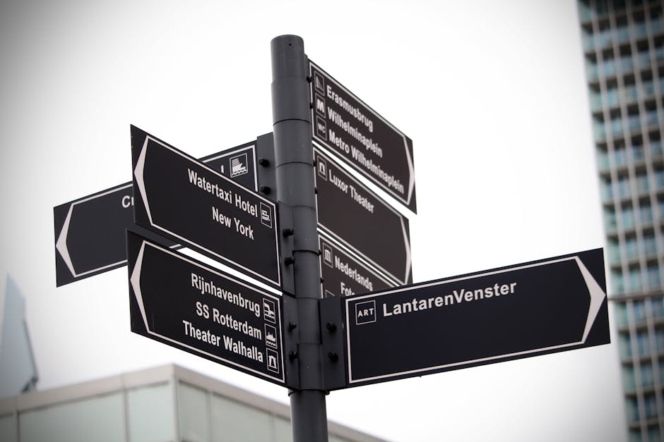 Multiple street signs directing to popular Rotterdam locations like LantarenVenster and Water Taxi.