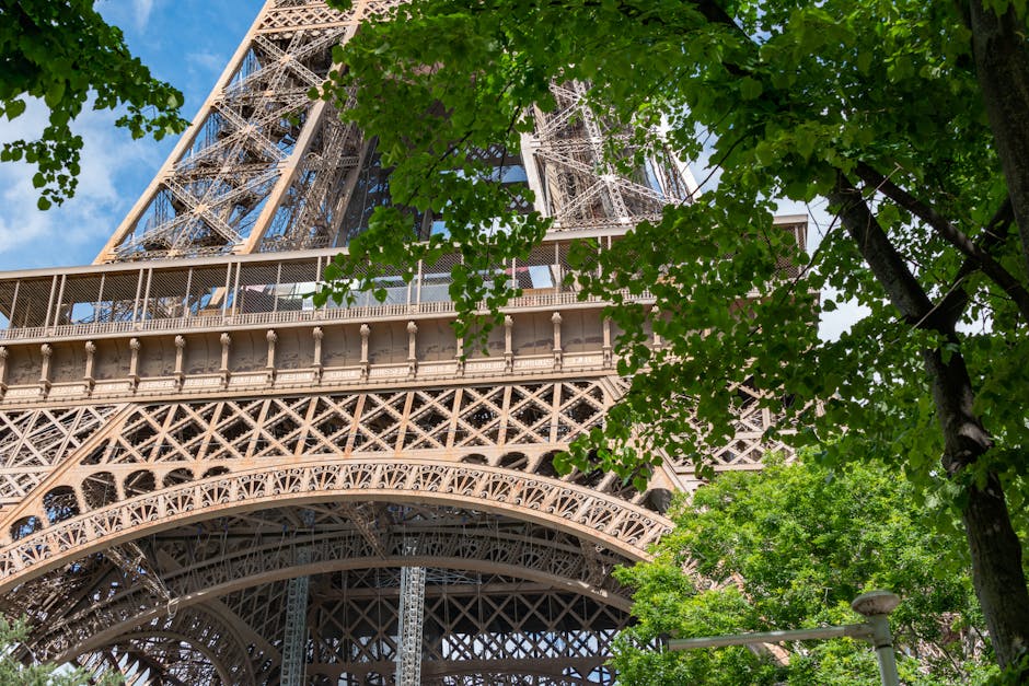 Close-up view of the Eiffel Tower framed by lush green trees on a sunny day in Paris.